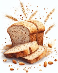 A highquality food illustration of a sliced loaf of whole wheat bread