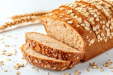 A hyperrealistic closeup of sliced whole wheat bread loaf on a clean white background