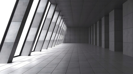 Modern Architecture Hallway with Concrete Columns and Sunlight Streaming Through Windows for Serene Ambience