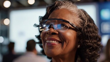 A happy senior African American businesswoman smiles while wearing futuristic smart glasses with a data reflection during a modern corporate presentation representing innovation and augmented reality - Powered by Adobe