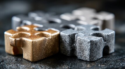 Stunning close-up of metallic puzzle pieces in gold, silver, and gray tones showcases industrial design and intricate textures, perfect for engineering concepts