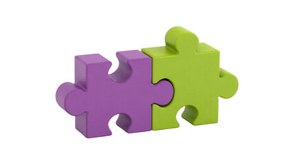 Obraz premium Purple puzzle piece and green puzzle piece connected together, symbolizing teamwork, cooperation, and problem solving, isolated on transparent background