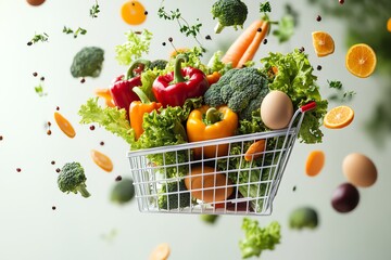 A hyperrealistic commercial studio composite of a white wire shopping basket suspended in midair