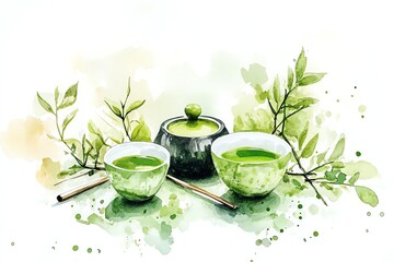 A minimalist watercolor illustration of a matcha tea set, a concept for drinks, lifestyle, and Japanese culture