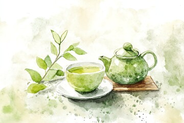 A minimalist watercolor illustration of a matcha tea set, a concept for drinks, lifestyle, and Japanese culture