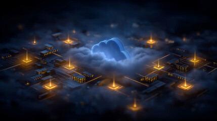 Cloud Computing in Digital World: A captivating digital depiction, cloud-like form with a network of illuminated nodes, symbolizing the modern landscape of technology, innovation.