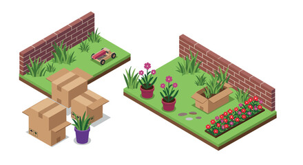 Naklejka premium Isometric garden scene with plants, boxes, and toy car on grass