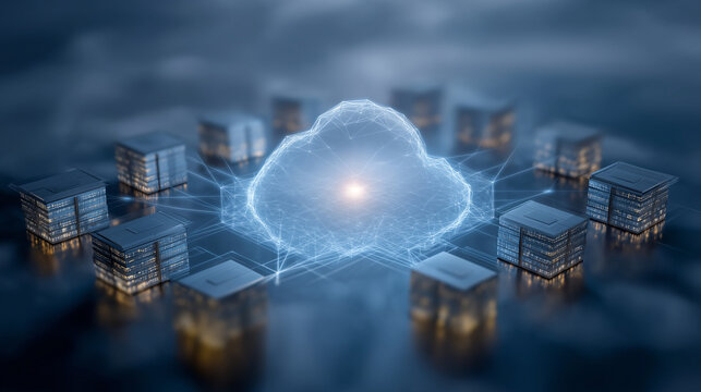 Cloud Computing Network: A digital cloud computing network, rendered in a sophisticated 3D style, symbolizes the interconnectedness and future of data storage and processing. - Powered by Adobe