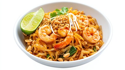 a serving of pad Thai with shrimp, peanuts, and lime wedge, classic Thai street food, isolated on white background