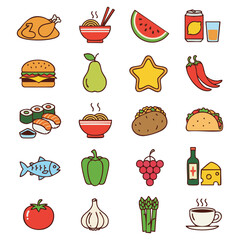 Food and Drink Vector Icons Set – Flat Color Outline Style
