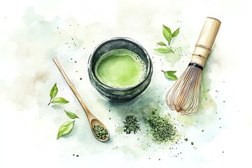 Flatlay watercolor painting of a matcha drink with green tea leaves, matcha whisk, and ceramic bowl,, rustic Japanese tea ceremony atmosphere