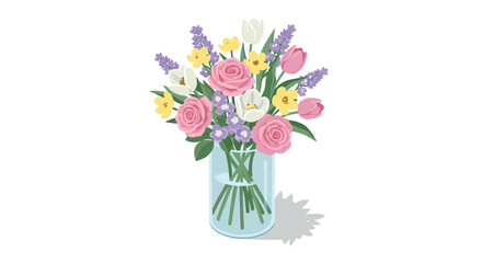 Fototapeta premium Elegant floral arrangement with roses, tulips, and lavenders in glass vase