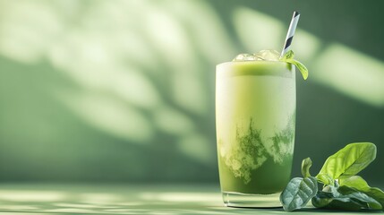 Green matcha tea drink on green background, AI Generated