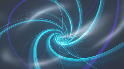 Abstract swirling vortex of glowing turquoise and purple light trails against a dark background