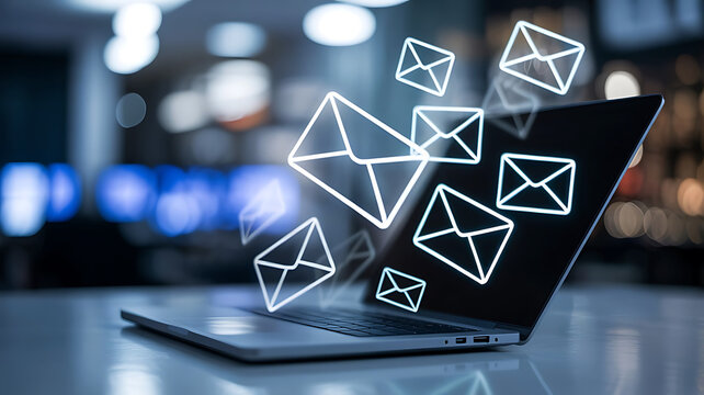 Modern Laptop Displaying Email Icons Communication Technology Business Efficiency and Digital Connectivity Concept