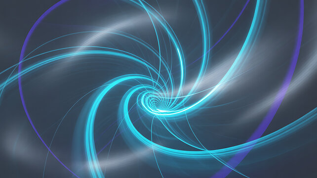 Abstract swirling vortex of glowing turquoise and purple light trails against a dark background