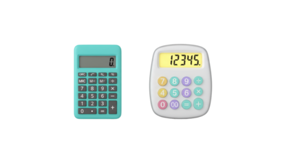 Office and school tools pair turquoise calculators with yellow screen, isolated on transparent background