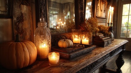 Dark atmospheric Halloween arrangement with pumpkins and candlelight