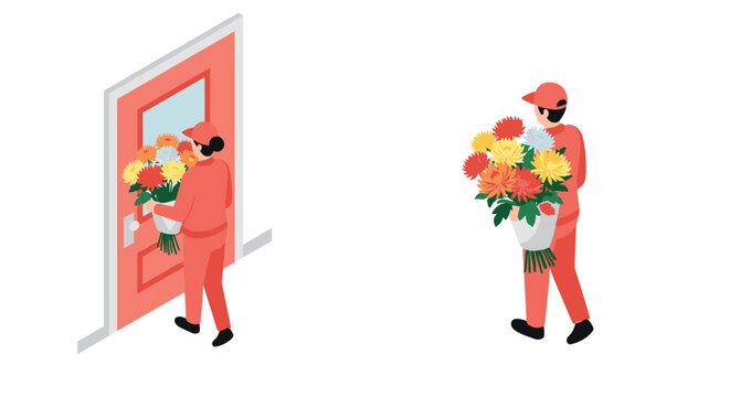 Flower delivery service concept with isometric courier carrying bouquet to door