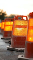 Road construction barriers displayed in a row at a work site during daytime with bright lighting and clear weather with white background