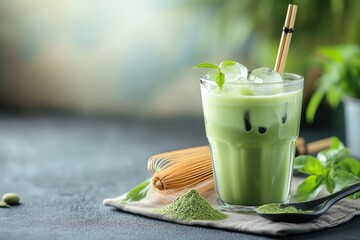 The matcha green tea with traditional accessories of a glass of iced matcha drink, bamboo whisk, matcha powder, matcha spoon and napkin for tea ceremony in Japan