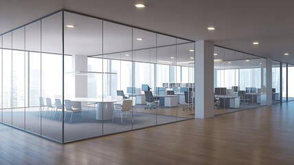 Modern Office Space with Glass Walls and Open Layout for Collaboration and Innovation