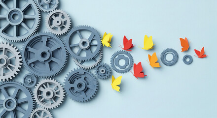 paper cut gears transforming into butterflies — mechanical creativity turning into art