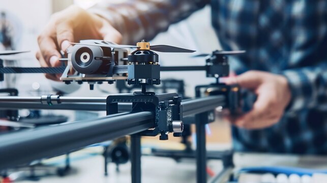 Technician assembles a drone, close-up view showing hands and components