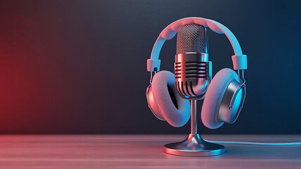 Professional microphone with headphones on a wooden table perfect for podcasting and recording audio content
