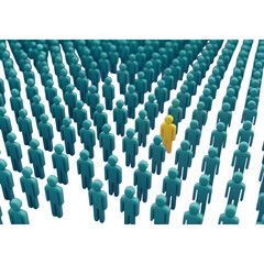 Obraz premium One yellow figure stands out from a crowd of teal figures isolated on transparent background