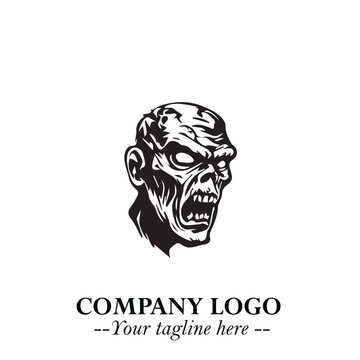Head of Zombie Logo Symbol in Black on the White Background with Horror Minimal Vector Design
