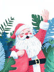 Santa Claus waving happily surrounded by tropical jungle leaves. Cheerful and colorful Christmas illustration with exotic holiday vibes
