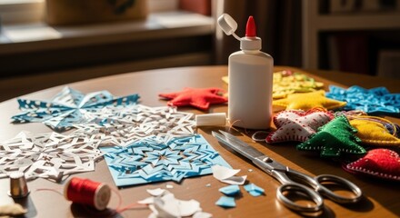 Christmas craft making at home with handmade felt ornaments, paper snowflakes, scissors, glue, and thread on a wooden table. Creative holiday hobby concept.