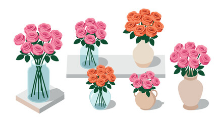 Obraz premium Charming rose bouquets in vases elegant decor in a modern isometric style