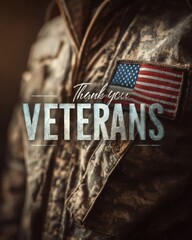 Close-up of a military jacket with an American flag patch, featuring the words 'Thank you Veterans'. Veterans Day holiday background
