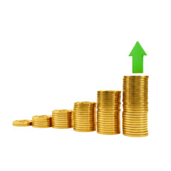 Stack of gold coins with a green arrow showing growth isolated on transparent background