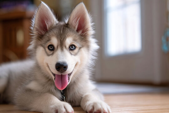 Adorable husky puppy with striking blue eyes and pink tongue smiles happily indoors, capturing pure joy and playful innocence for heartwarming content.