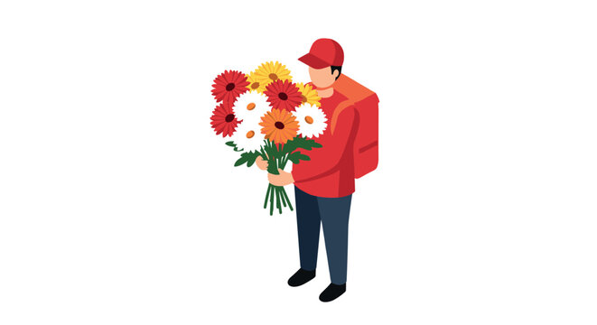 Isometric flower delivery man with bouquet and backpack in red uniform
