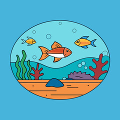 Three colorful fish swimming in a stylized underwater scene silhouette