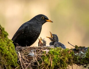 A black bird watches over its hungry chicks in a mossy nest, a tender moment of care and feeding