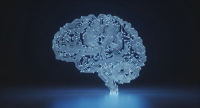 minimalist design of glowing circuit pattern shaped like brain — modern intelligence