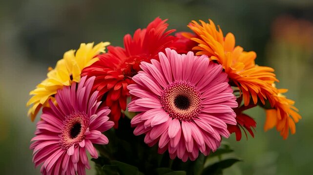 Vibrant bouquet of colorful gerbera daisies in full bloom with pink, red, orange, and yellow petals captured in natural garden lighting