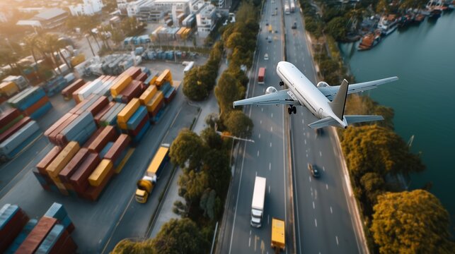 Global Logistics Airplane Taking Off Over Busy Port and Highway