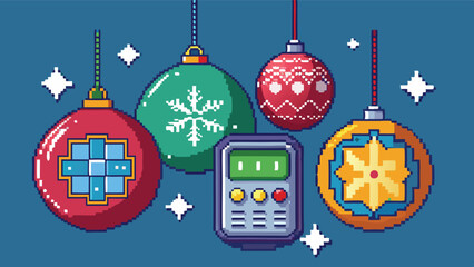 Pixel Art Christmas Ornaments with Electronic Gadget, Retro tech meets traditional festive cheer, a nostalgic digital holiday scene.