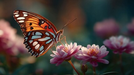 Stunning Gulf Fritillary butterfly gracefully resting on delicate pink flowers, a vibrant scene evoking peace, nature's beauty, and the joy of springtime