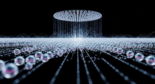 Abstract data flow visualization with glowing spheres and lines, representing complex information network