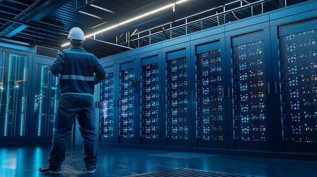 Technician in protective gear looks at server racks in a data center, blue lighting