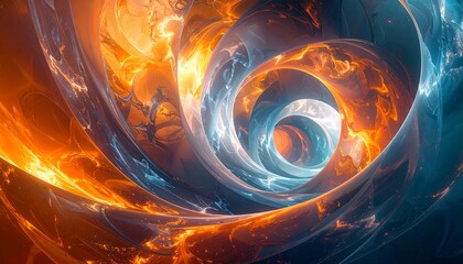Fiery and icy swirls converge in a dynamic, fluid vortex of orange and blue, creating a mesmerizing depth