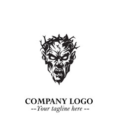 Head of Zombie Logo Symbol in Black on the White Background with Horror Minimal Vector Design