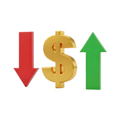 Obraz premium Golden dollar sign with red down arrow and green up arrow isolated on transparent background